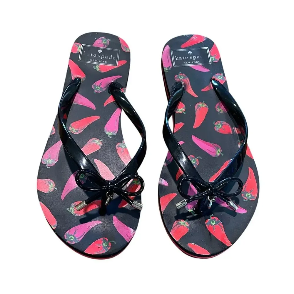 Kate Spade Flip Flops, Black, Red, Chili Pepper Print, Bow Detail, Size 7/8